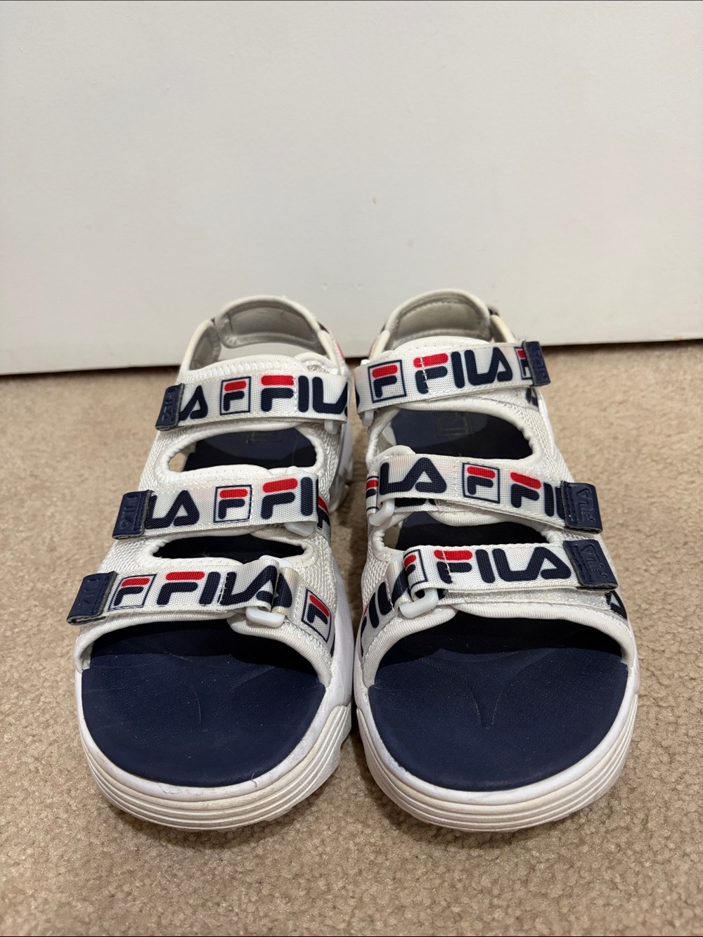 Fila Women’s White Navy Red Logo Triple-Strap Sport Sandals